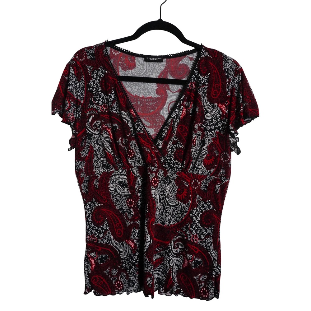 Perception Concept Top L Boho Paisley Red Black Lace Trim V-Neck Lettuce Edge